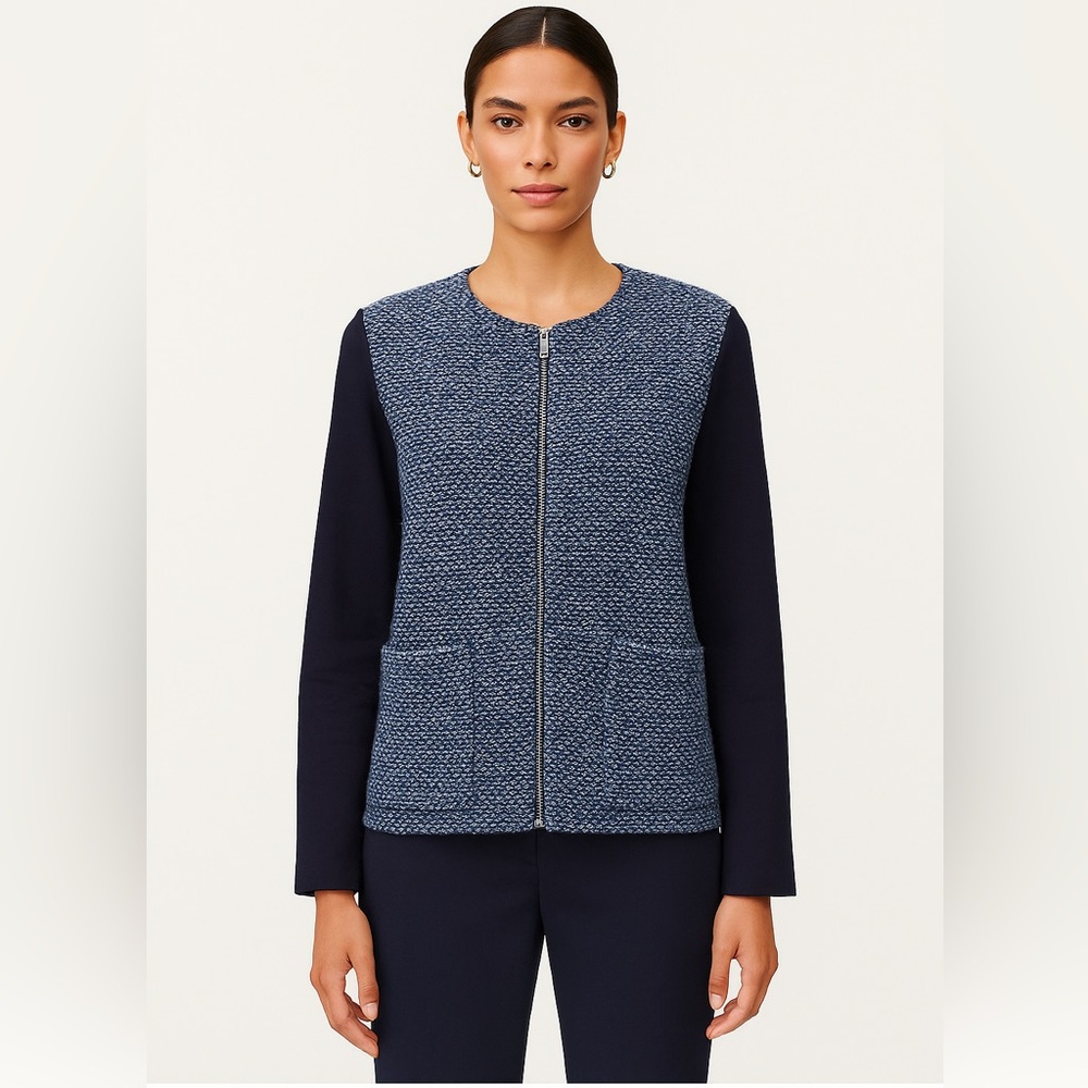 St. John Black Label Zip Front Bouclé Knit Jacket Size Medium Navy Blue Wool